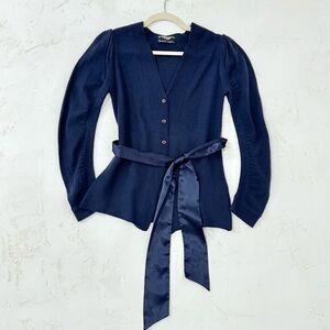 Elegant Navy Knit Cardigan with Satin Waist Tie
Made in Korea